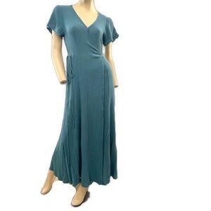 Lulu's- Elegant Teal Wrap V Neck Maxi Dress- L